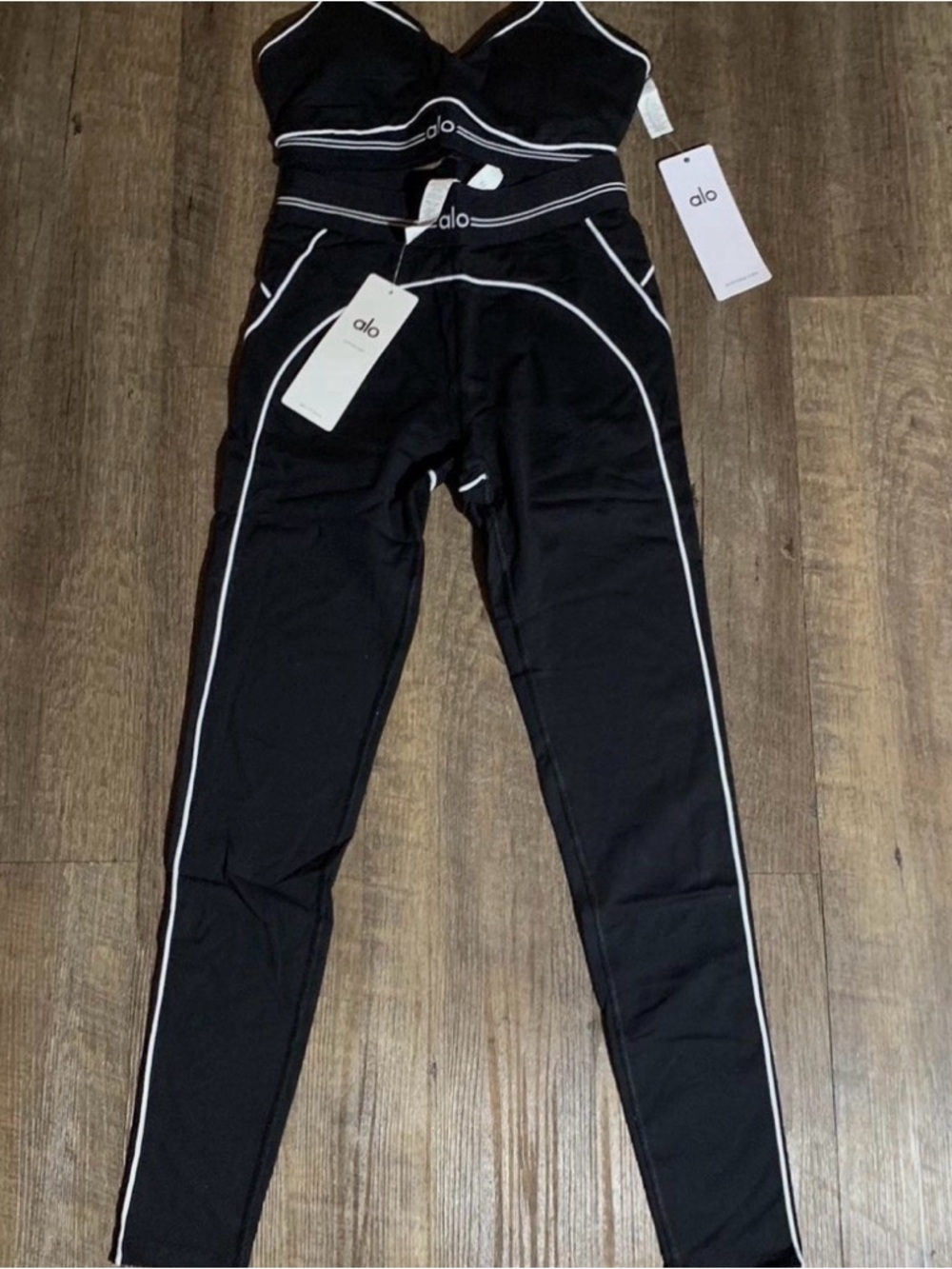 ALO Yoga Kids Black Leggings with White Contrast Piping